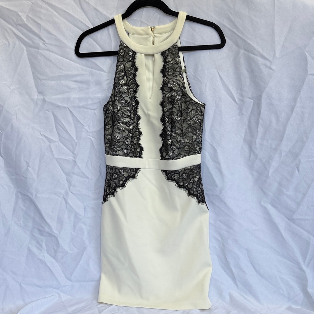 GUESS White Halter Sheath Dress with Black Lace Trim